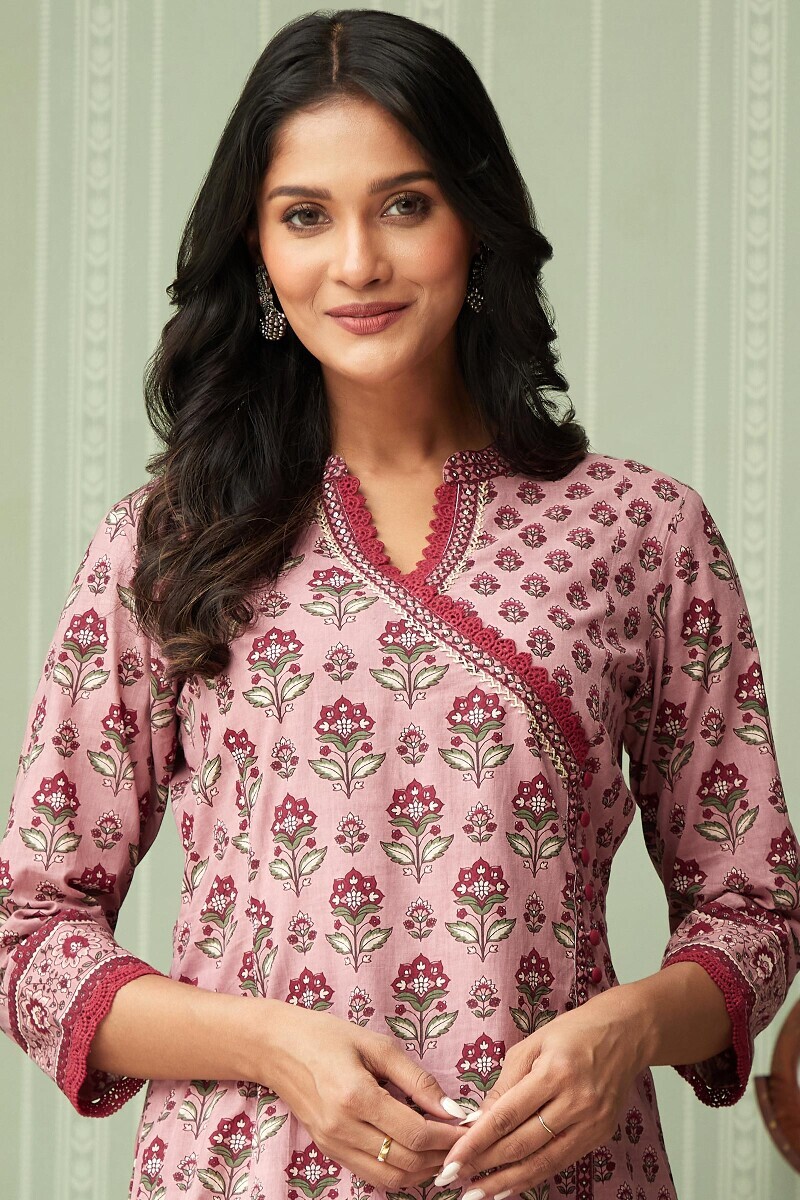 Pink Hand Printed Angrakha Cotton Kurta