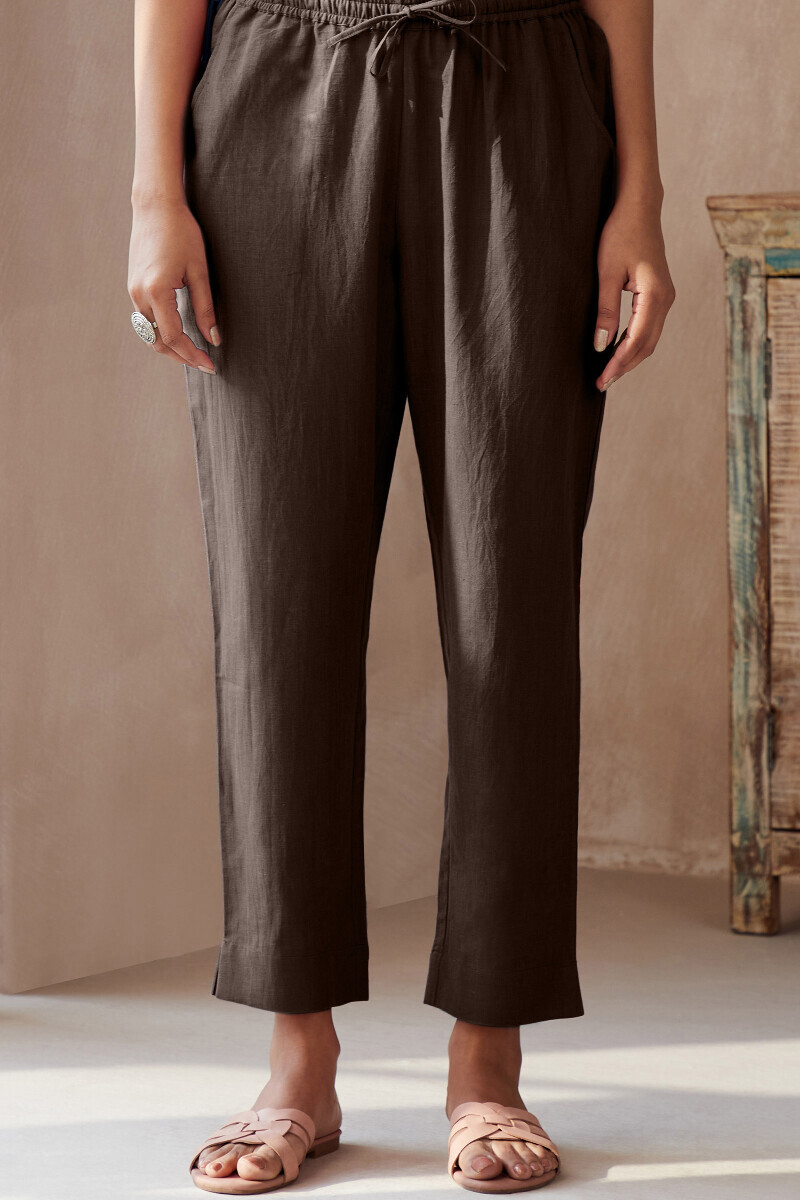 Brown Handcrafted Cotton Flax Narrow Pants