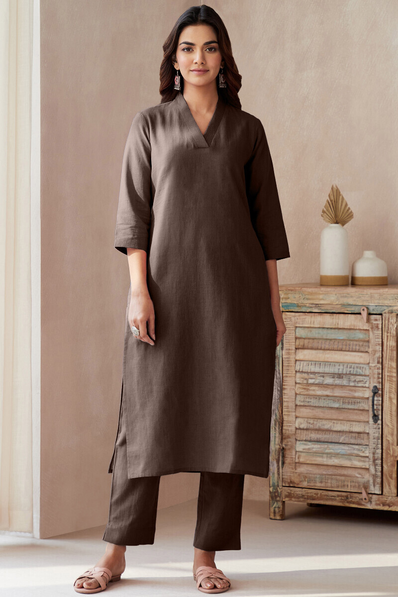 Brown Handcrafted Straight Cotton Flax Kurta