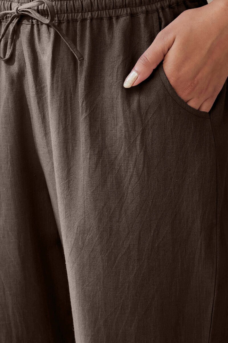 Brown Handcrafted Cotton Flax Narrow Pants