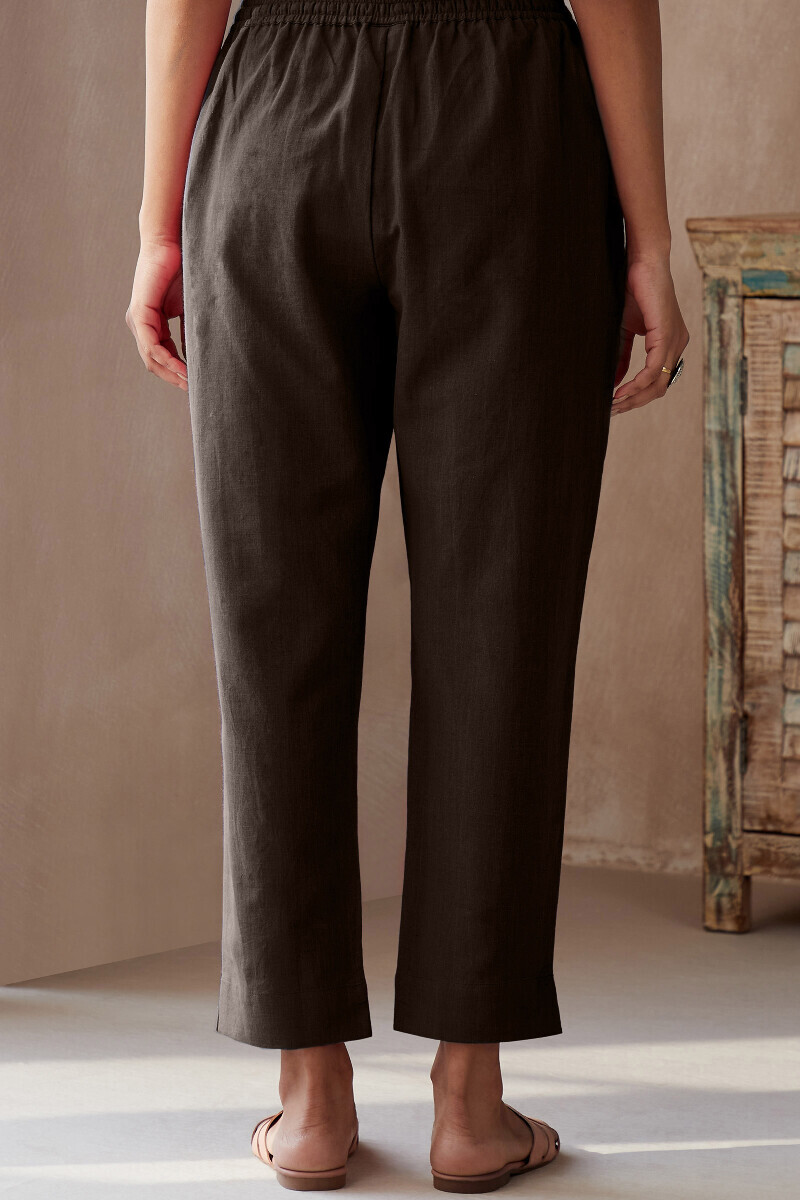 Brown Handcrafted Cotton Flax Narrow Pants