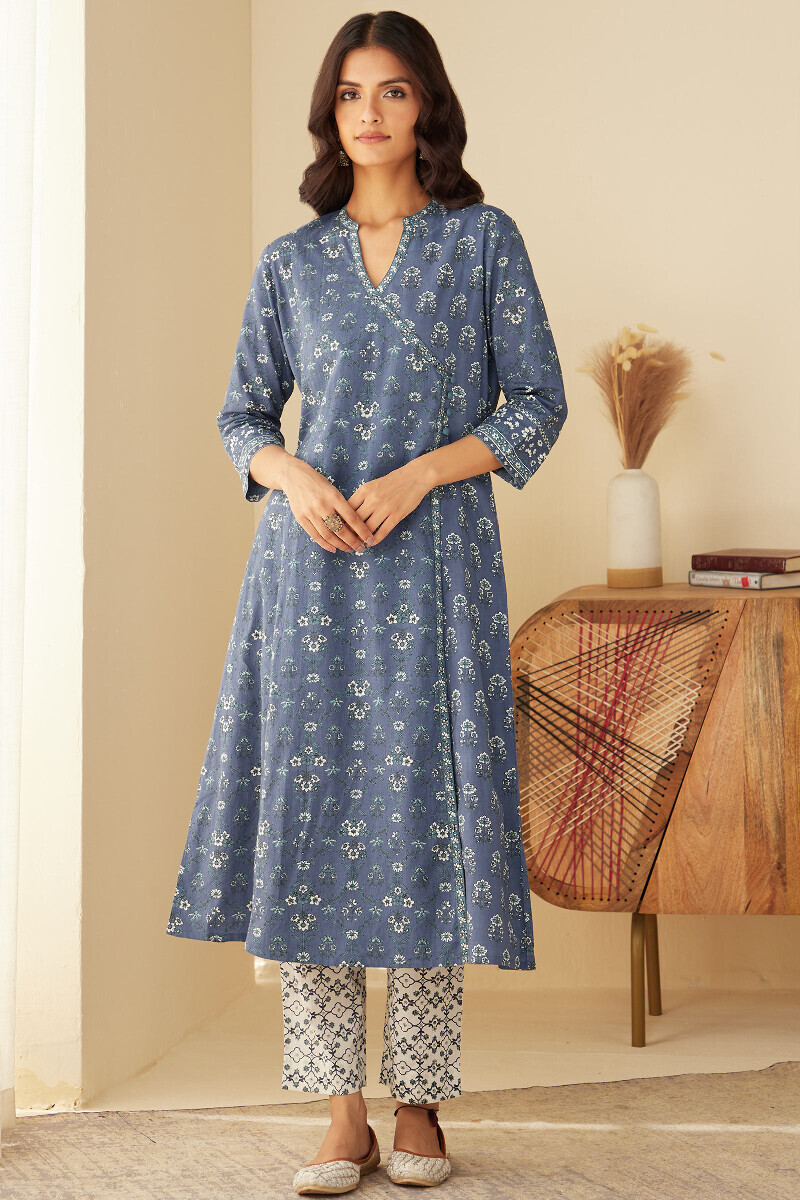 Blue Hand Printed Angrakha Cotton Kurta