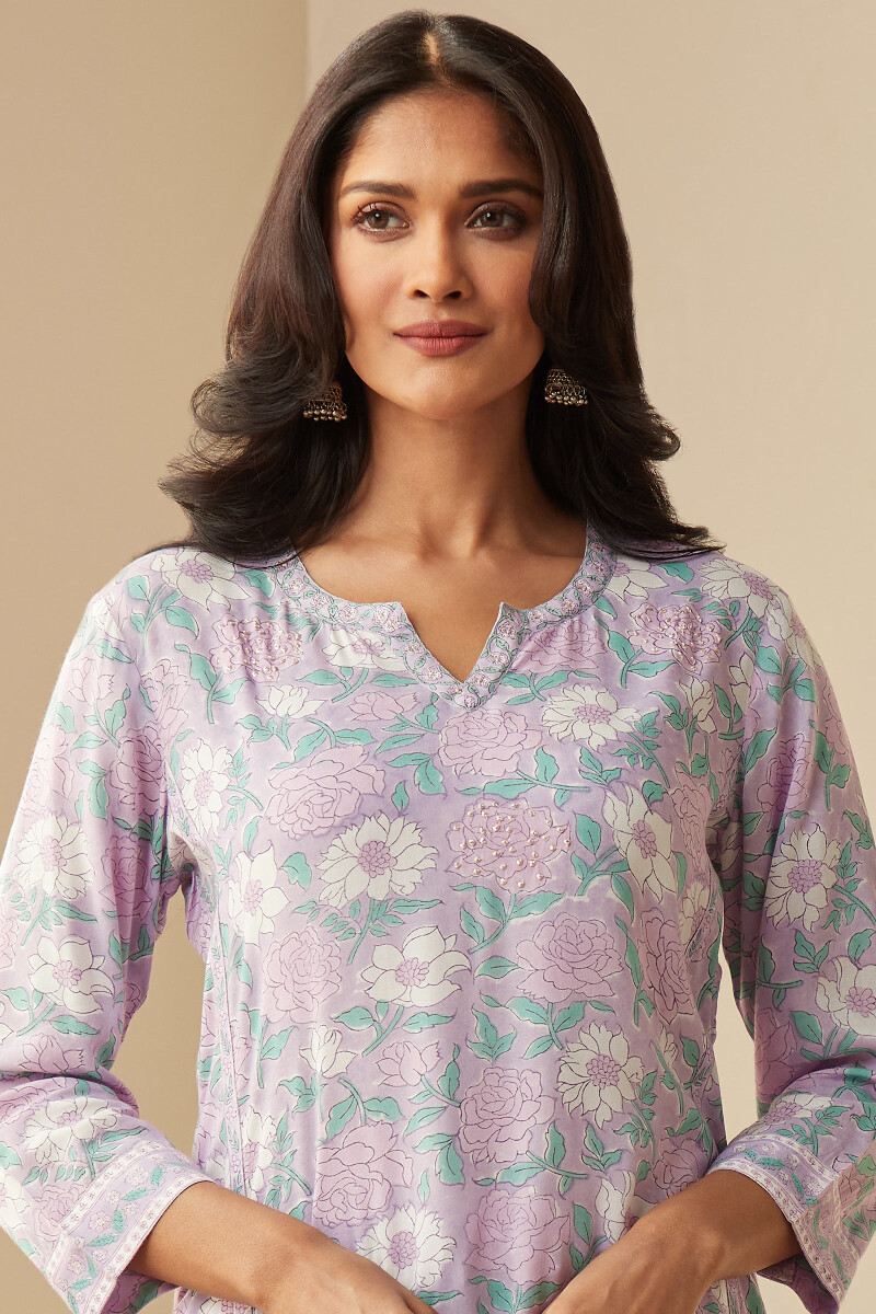 Purple Hand Block-Printed Straight Viscose Kurta