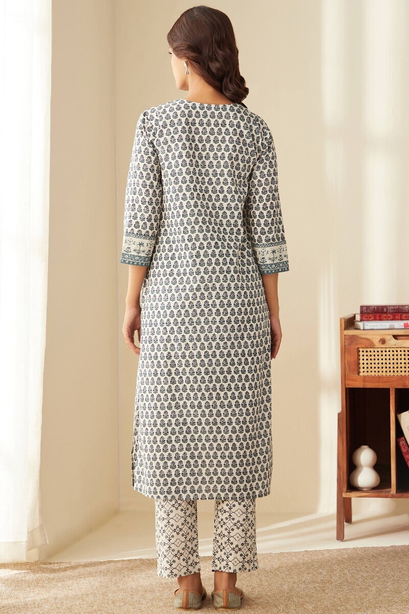 Off-White Hand Printed Straight Cotton Kurta