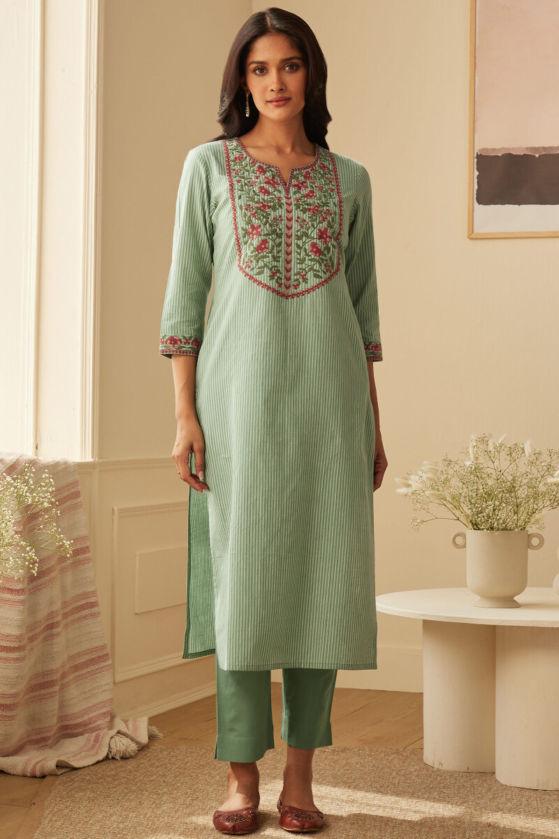 Green Handcrafted Straight Cotton Kurta