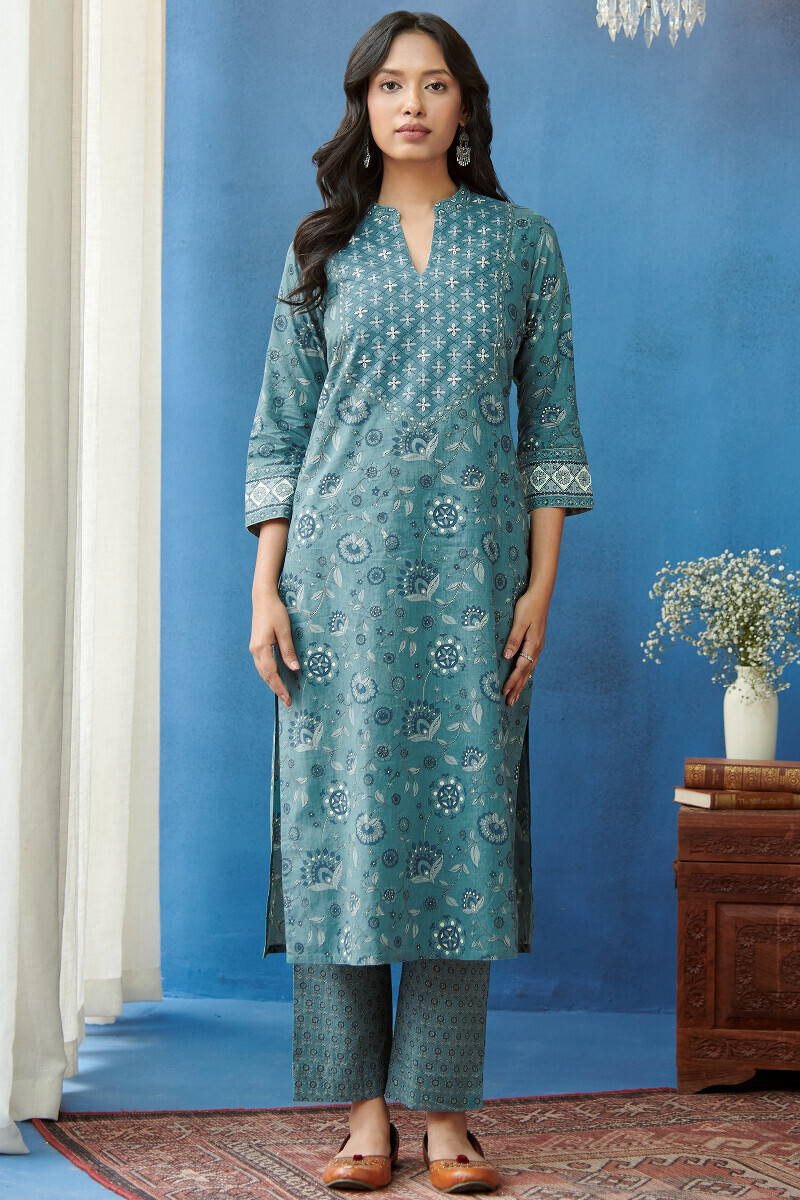 Blue Hand Printed Straight Cotton Kurta