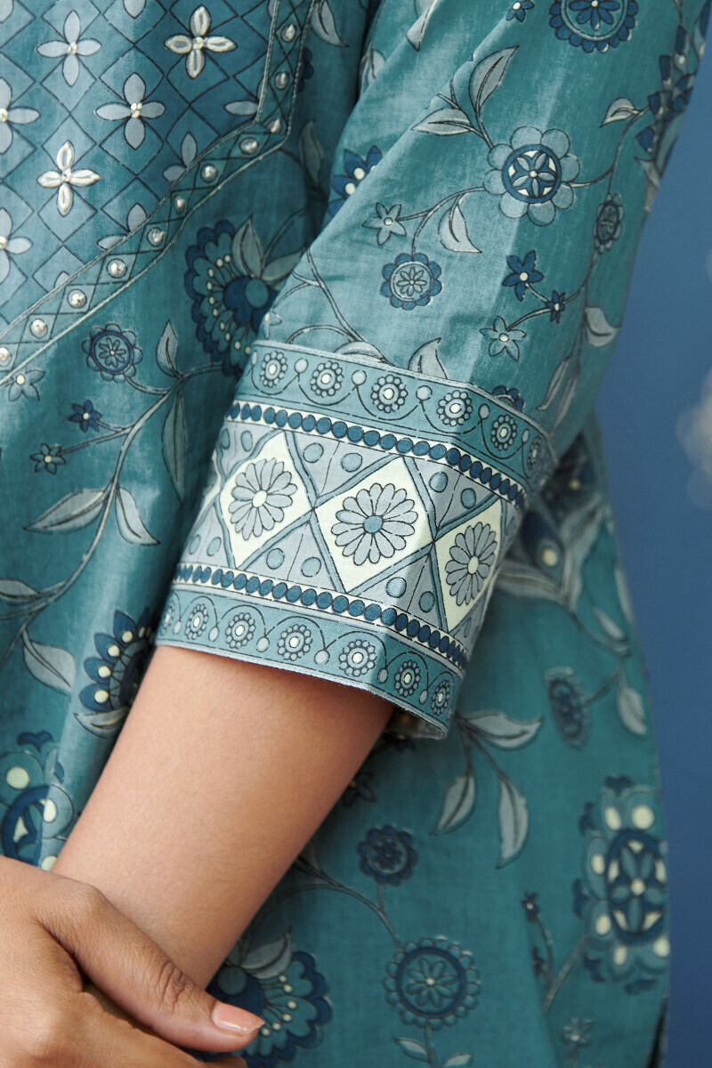 Blue Hand Printed Straight Cotton Kurta