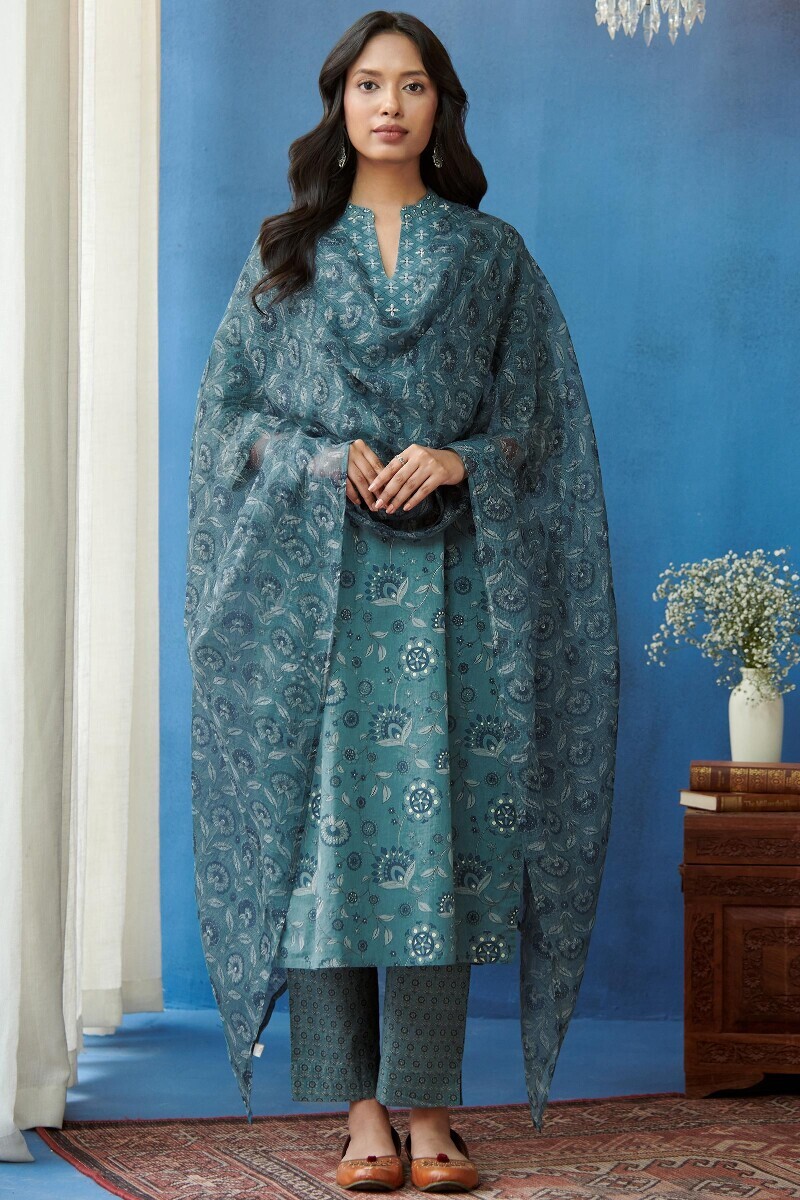 Blue Hand Printed Straight Cotton Kurta