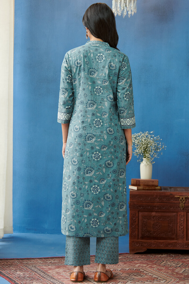 Blue Hand Printed Straight Cotton Kurta