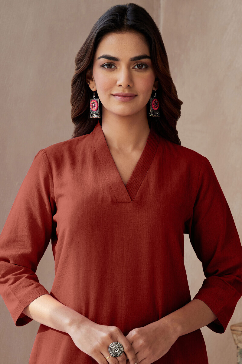 Red Handcrafted Straight Cotton Flax Kurta