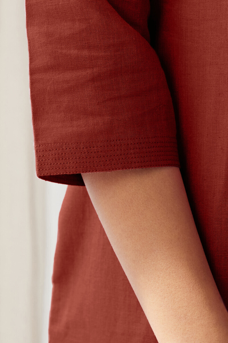 Red Handcrafted Straight Cotton Flax Kurta