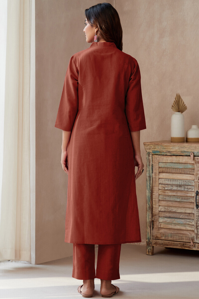 Red Handcrafted Straight Cotton Flax Kurta
