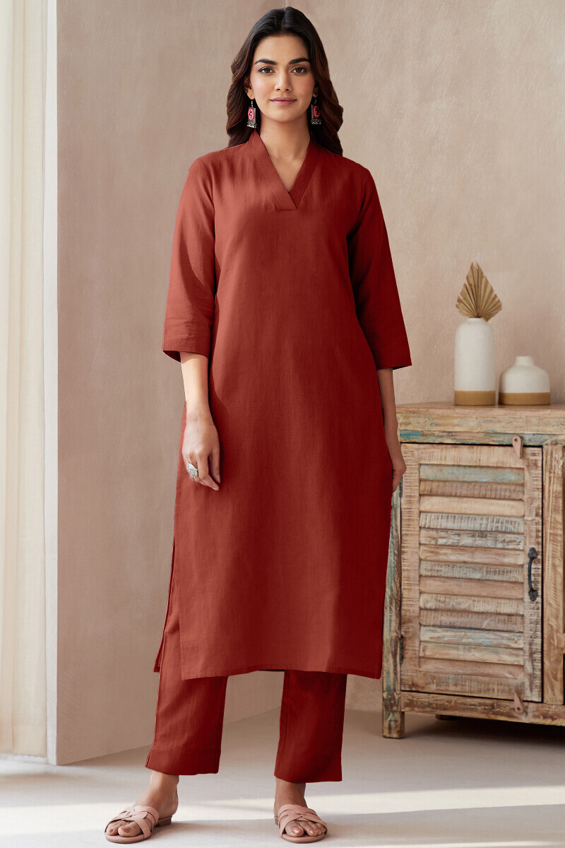 Red Handcrafted Straight Cotton Flax Kurta