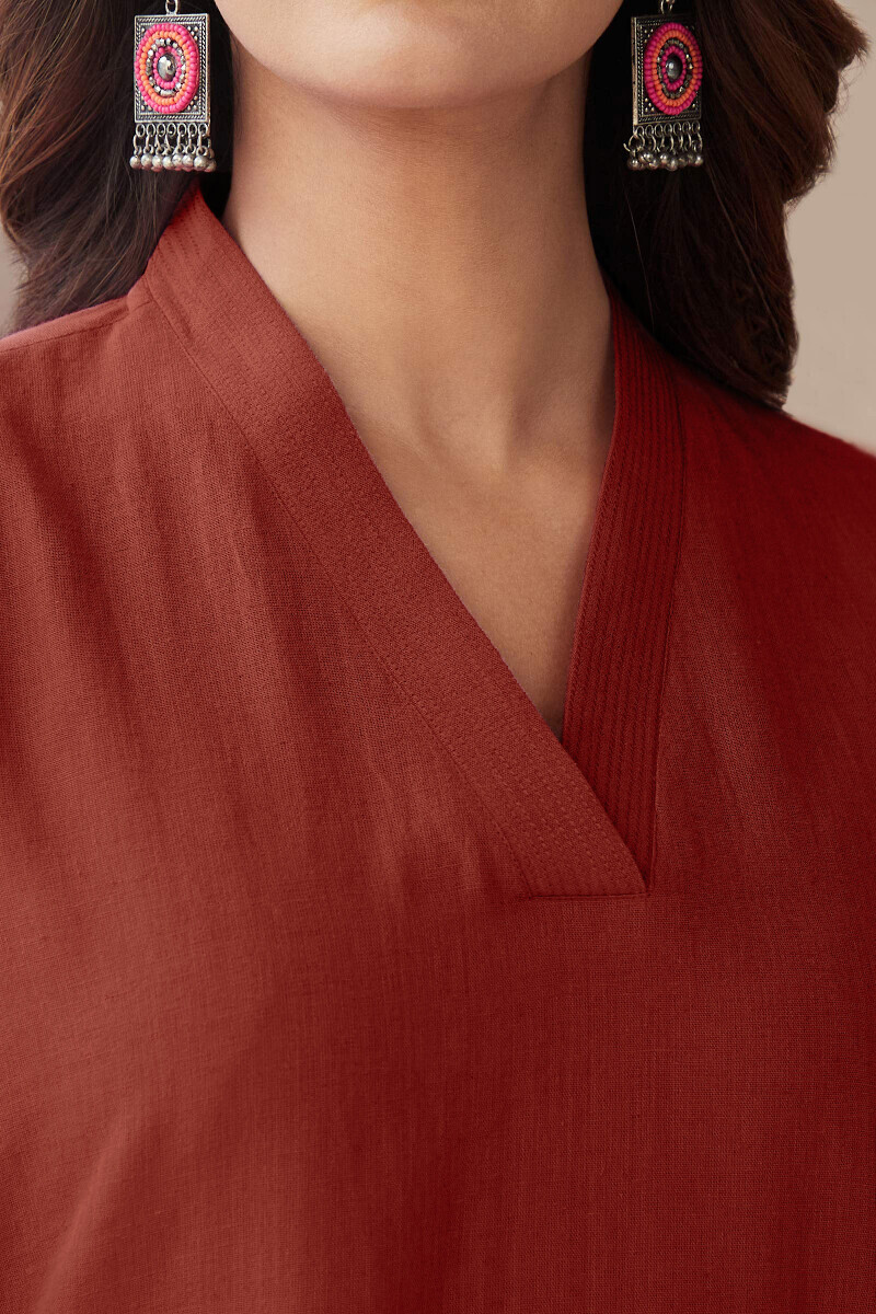 Red Handcrafted Straight Cotton Flax Kurta