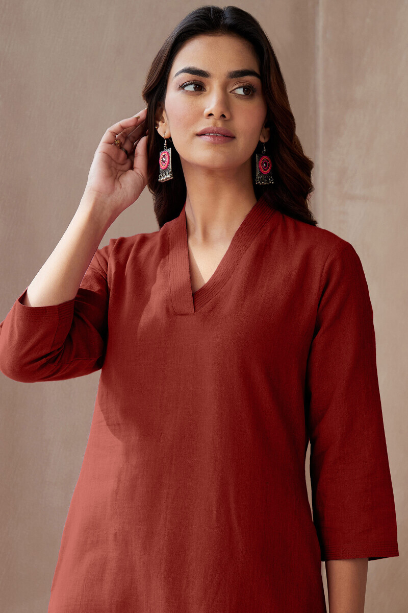 Red Handcrafted Straight Cotton Flax Kurta