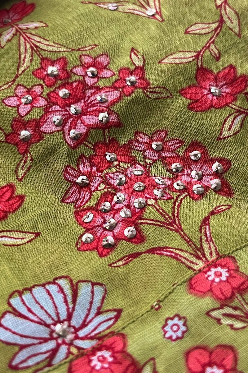 Green Hand Printed Straight Cotton Slub Kurta