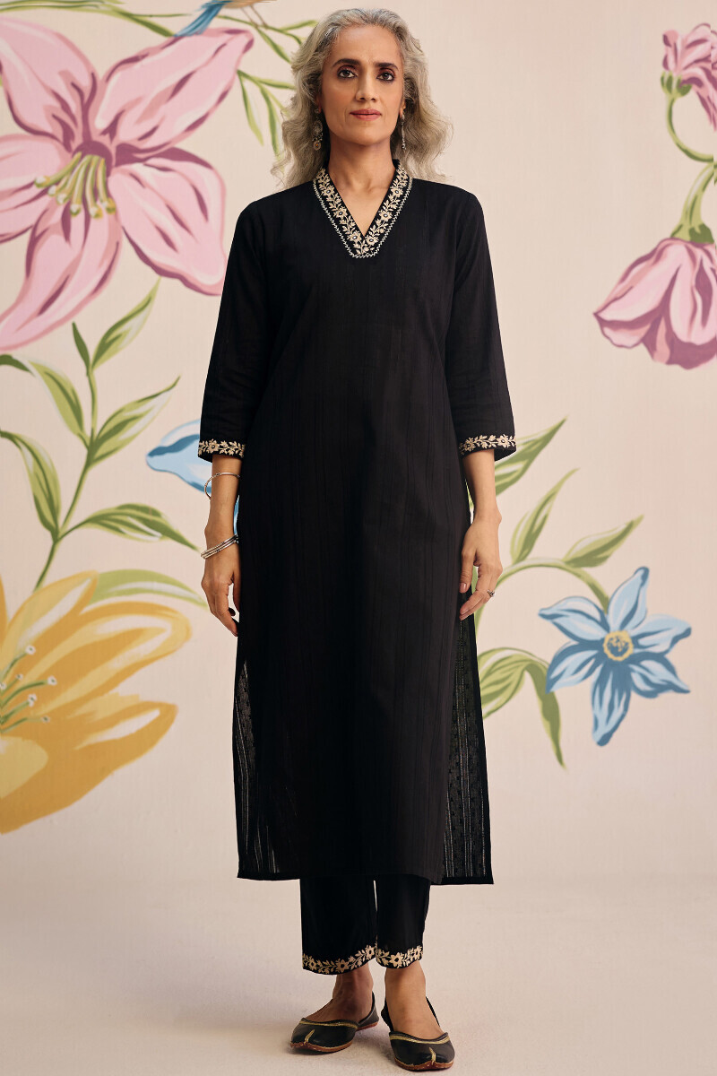 Black Handcrafted Straight Cotton Dobby Kurta