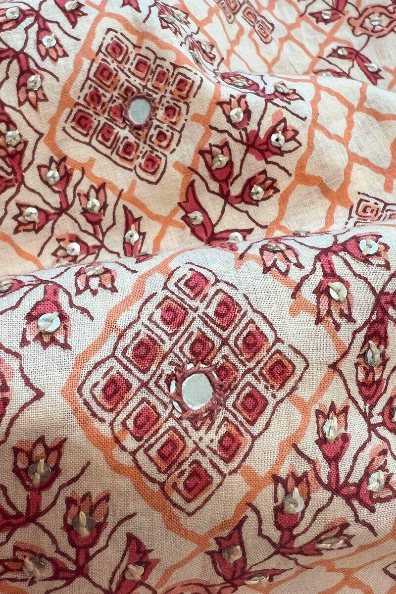 Cream Hand Printed Straight Cotton Kurta