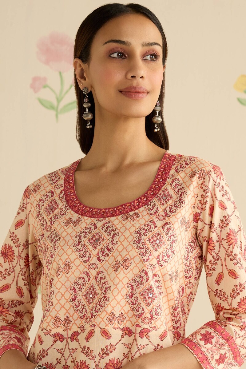 Cream Hand Printed Straight Cotton Kurta