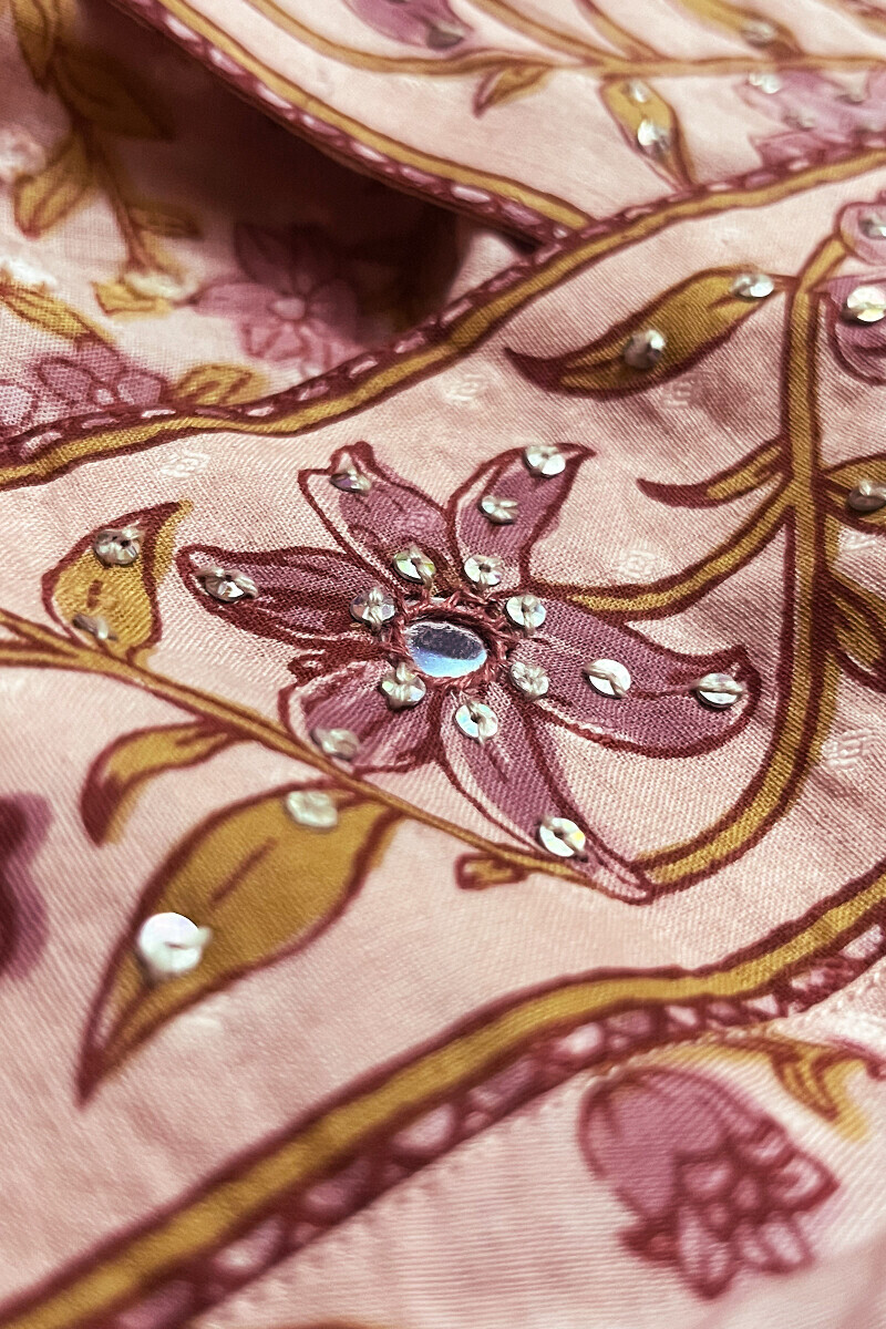 Pink Hand Printed Straight Cotton Dobby Kurta