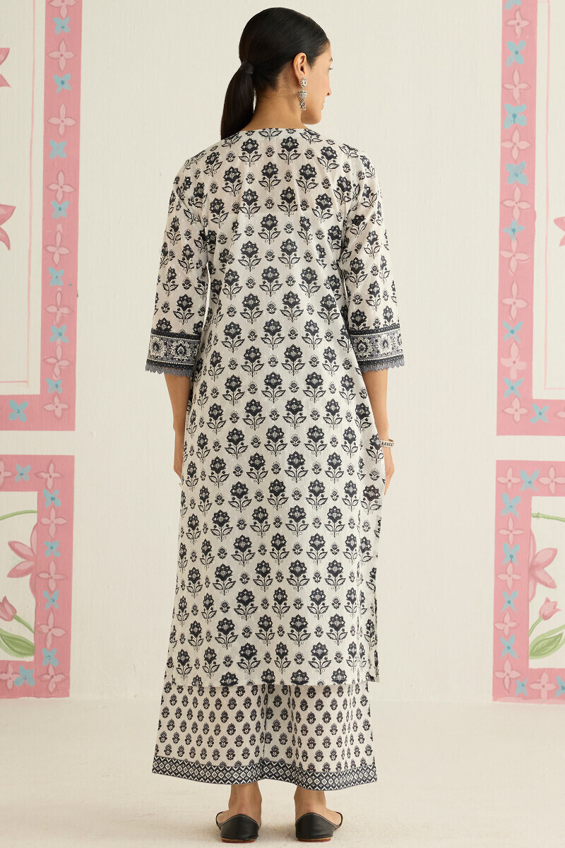 White Hand Printed Straight Cotton Dobby Kurta