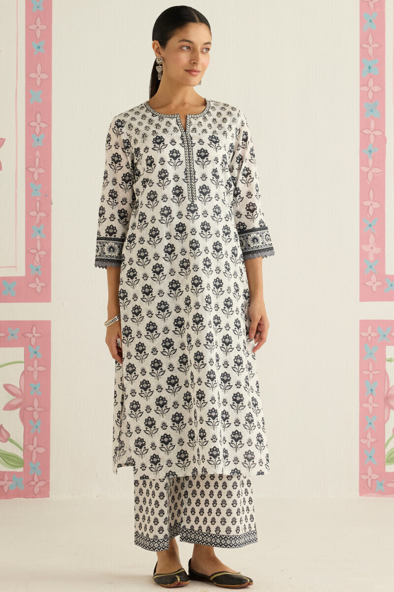 White Hand Printed Straight Cotton Dobby Kurta
