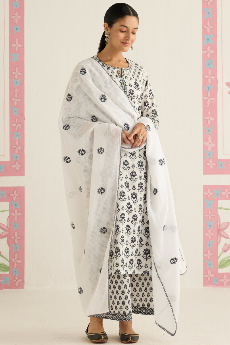 White Hand Printed Straight Cotton Dobby Kurta