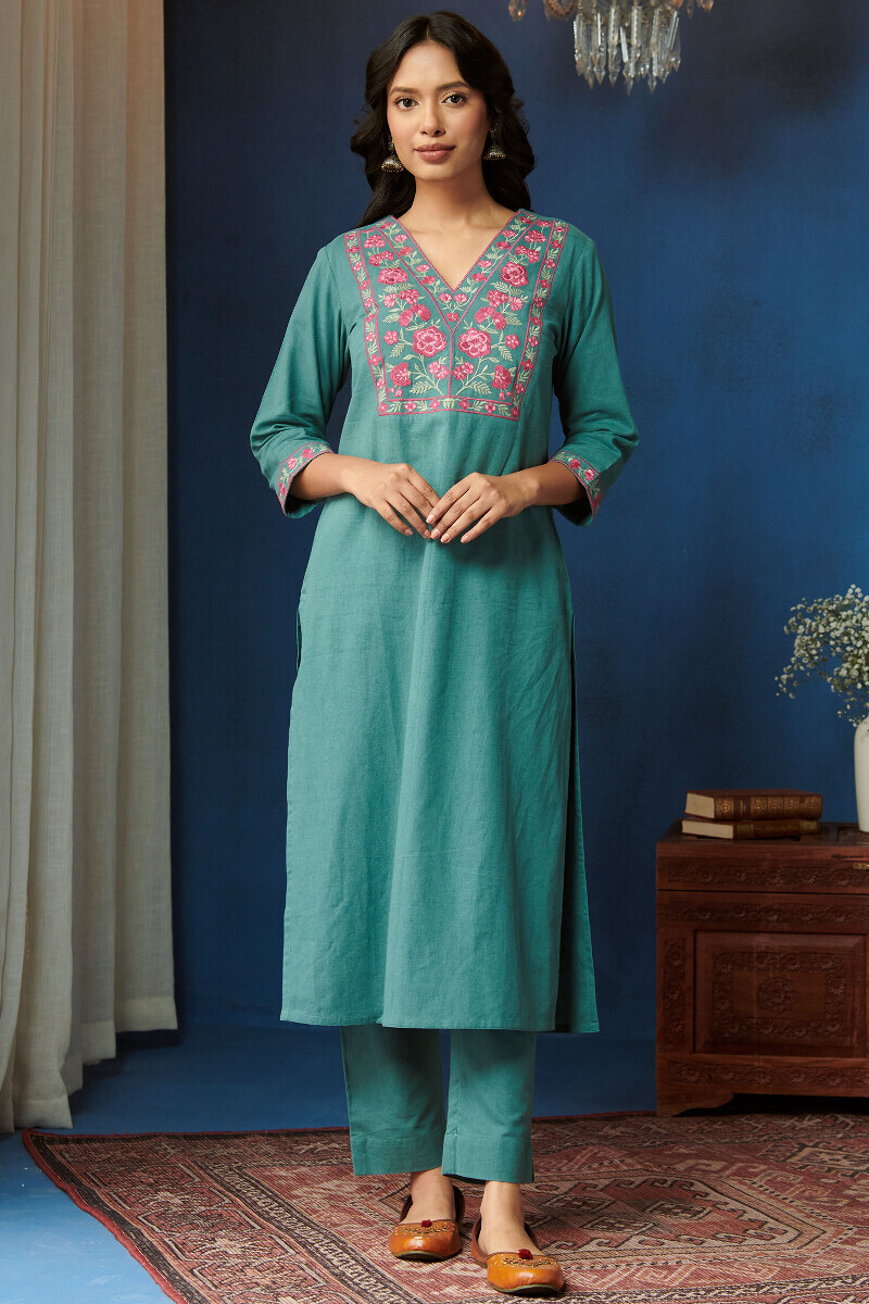 Teal Blue Handcrafted Straight Cotton Flax Kurta