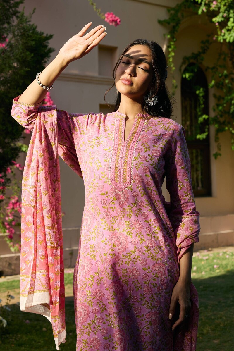 Purple Hand Block Printed Straight Cotton Kurta