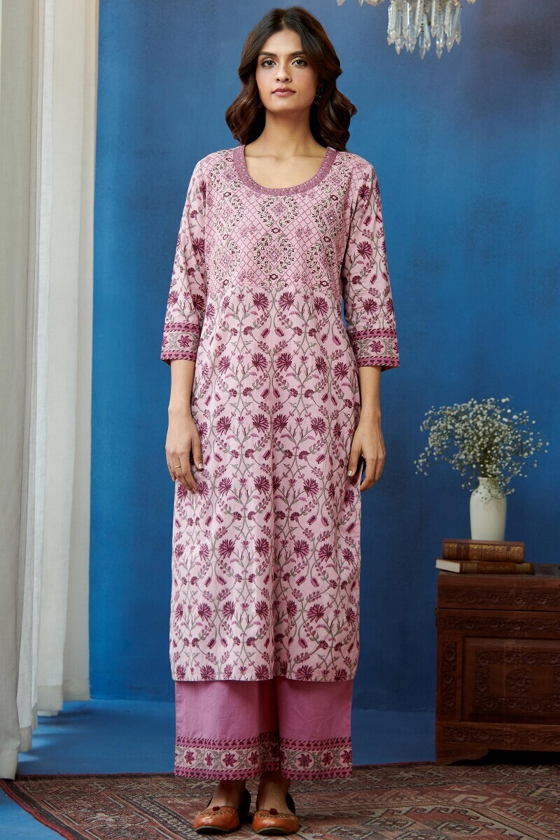 Pink Hand Printed Straight Cotton Kurta