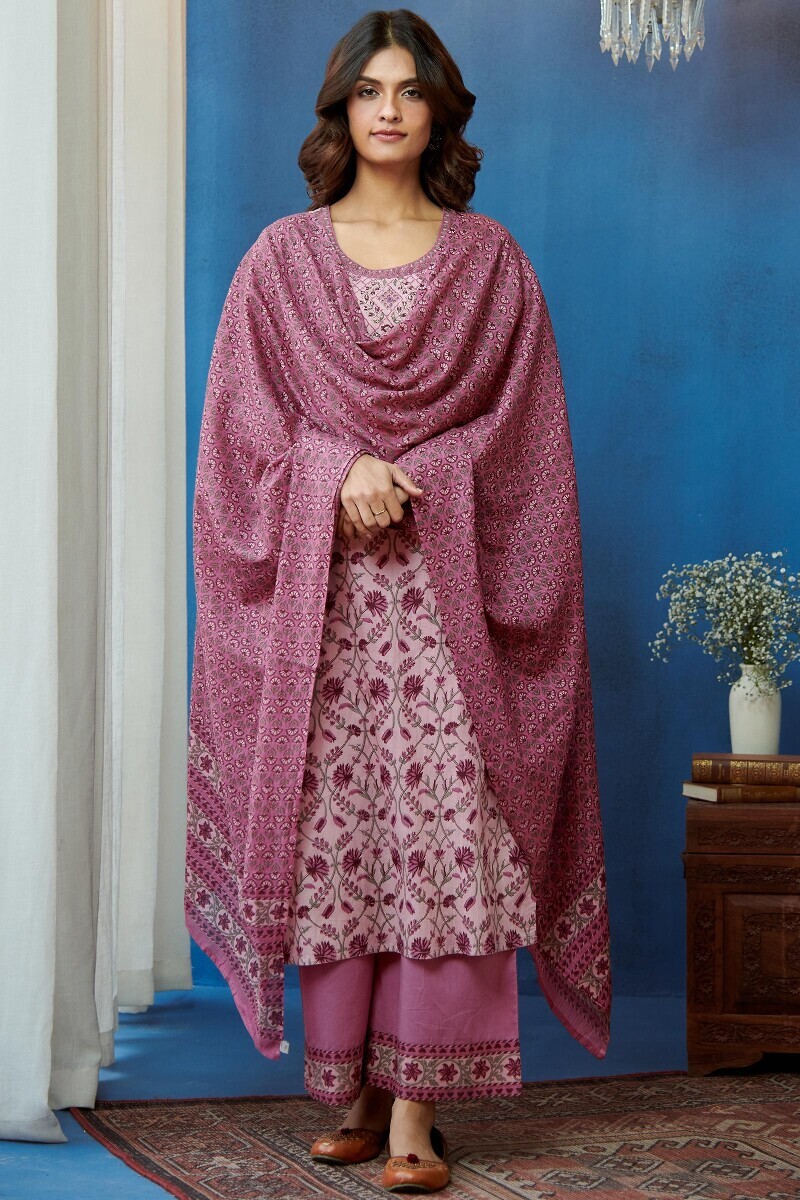 Pink Hand Printed Straight Cotton Kurta