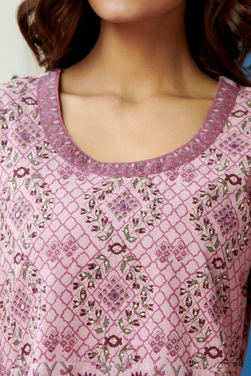 Pink Hand Printed Straight Cotton Kurta