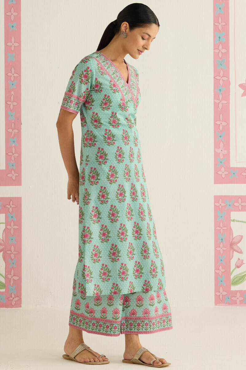 Blue Printed Straight Cotton Kurta