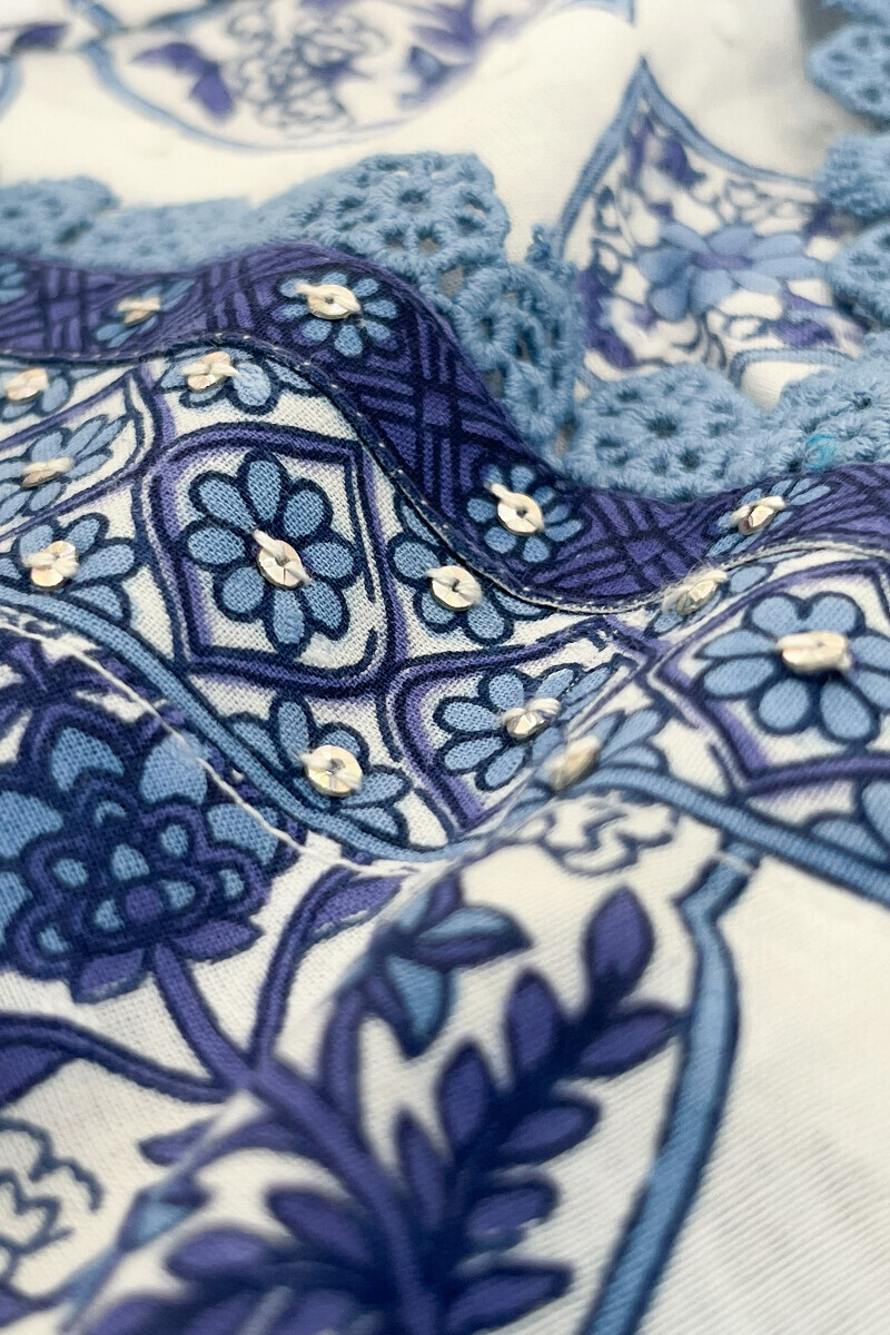 White Hand Printed Straight Cotton Dobby Kurta