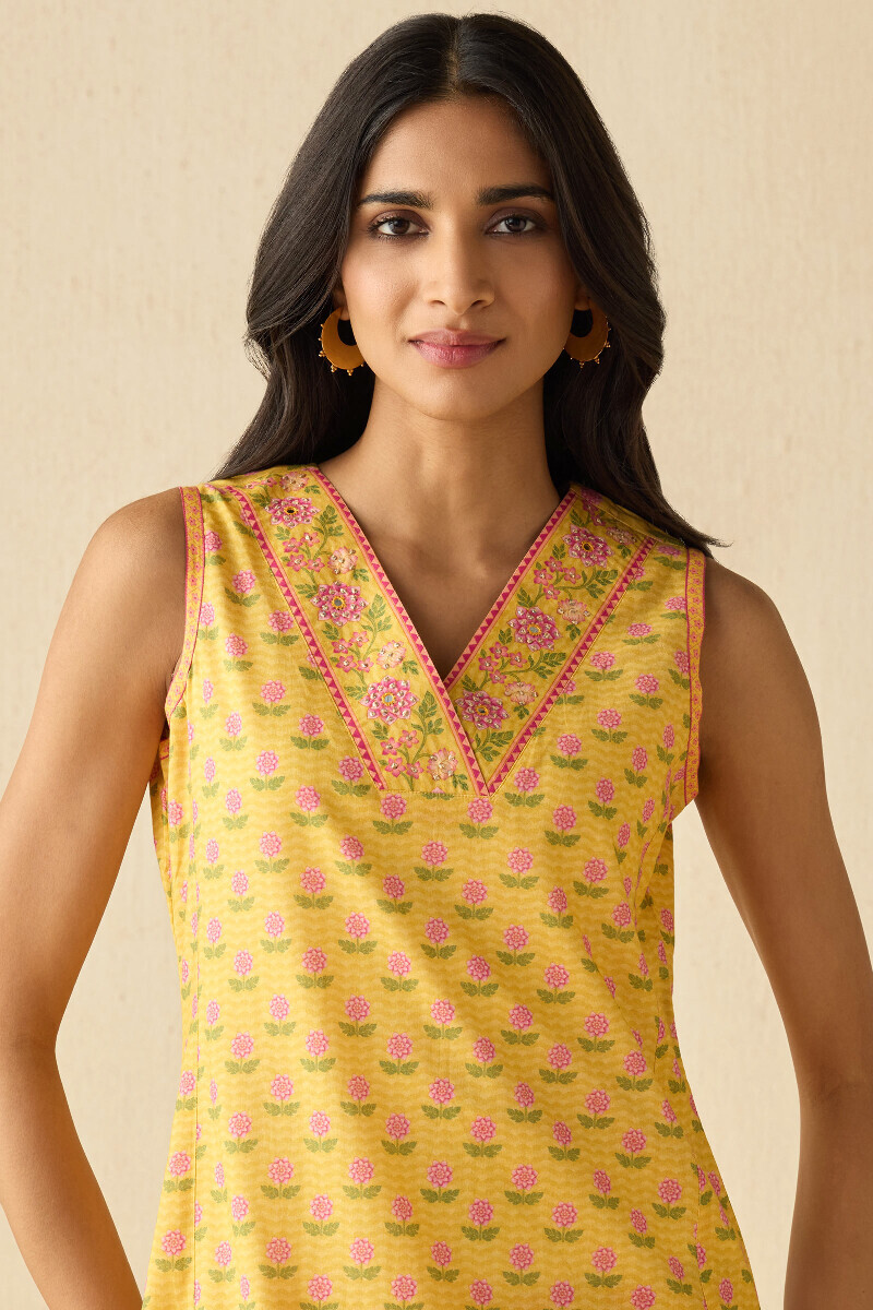 Yellow Printed Straight Cotton Kurta