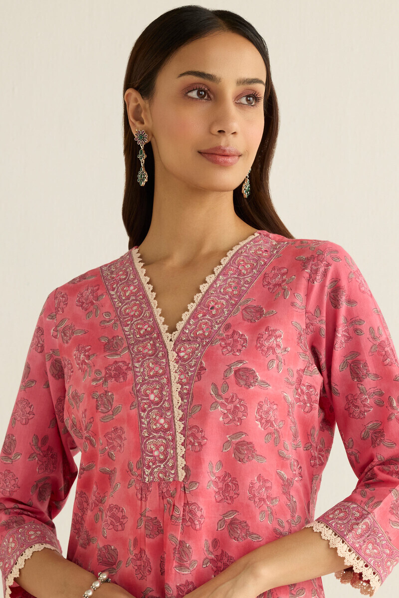 Pink Hand Block Printed Straight Cotton Kurta
