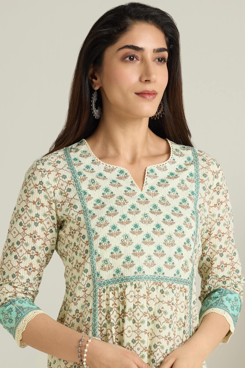 Cream Hand Printed A-Line Cotton Dobby Kurta
