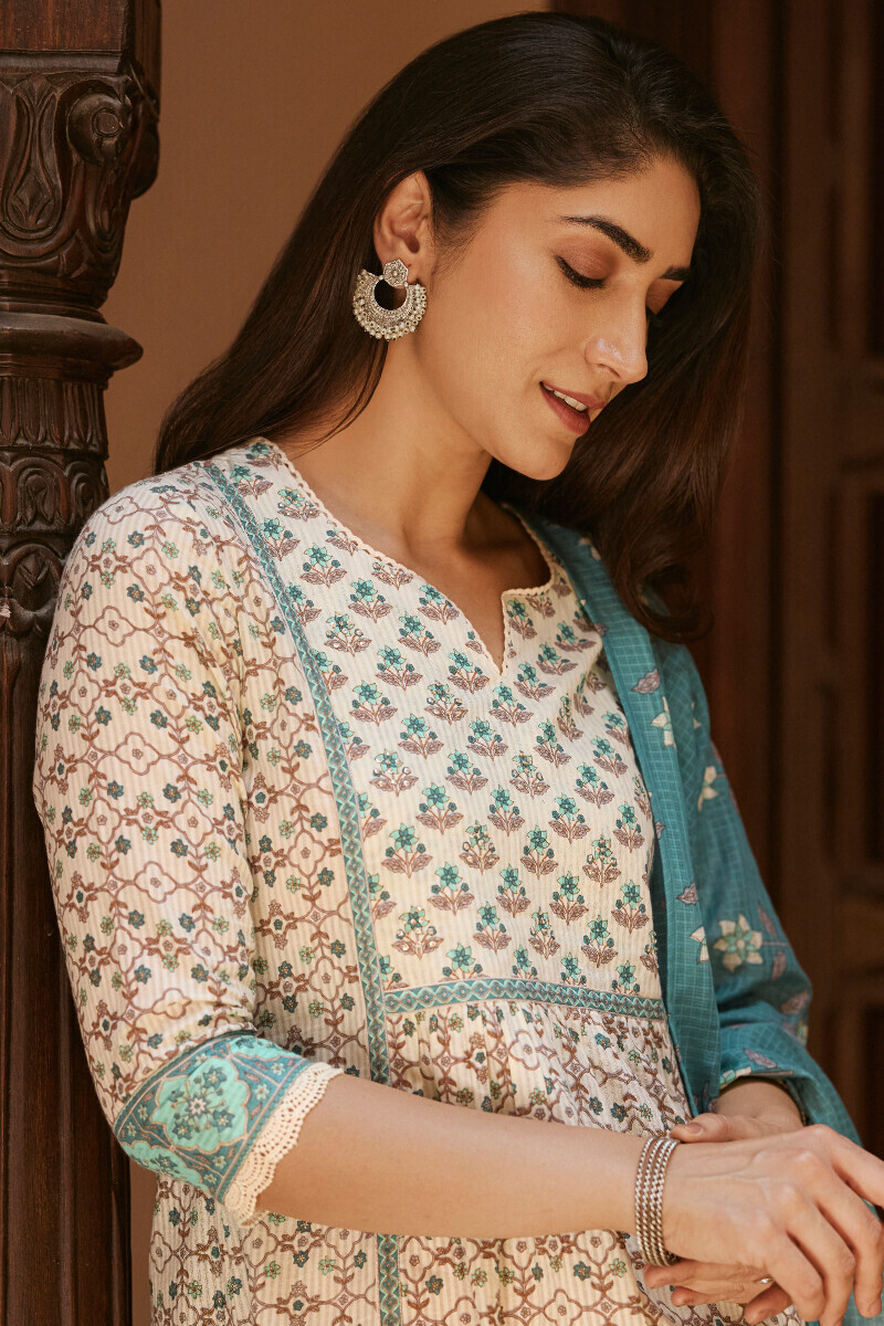 Cream Hand Printed A-Line Cotton Dobby Kurta