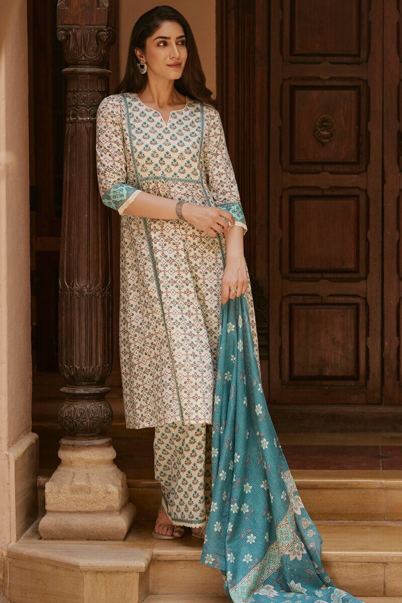 Cream Hand Printed A-Line Cotton Dobby Kurta