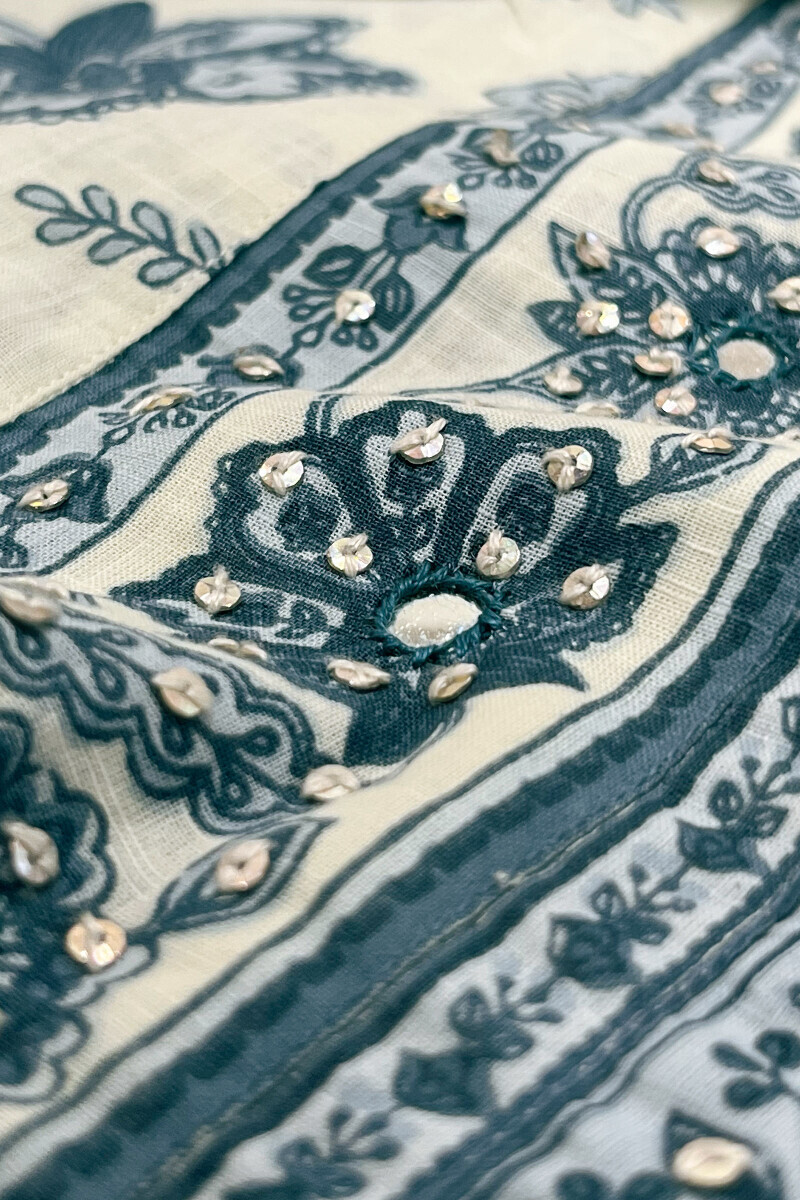 Off-White Hand Printed Straight Cotton Slub Kurta