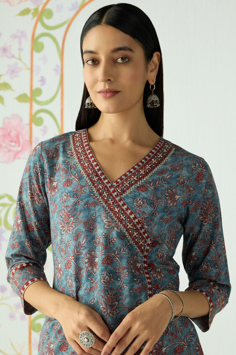 Blue Printed Angrakha Cotton Kurta