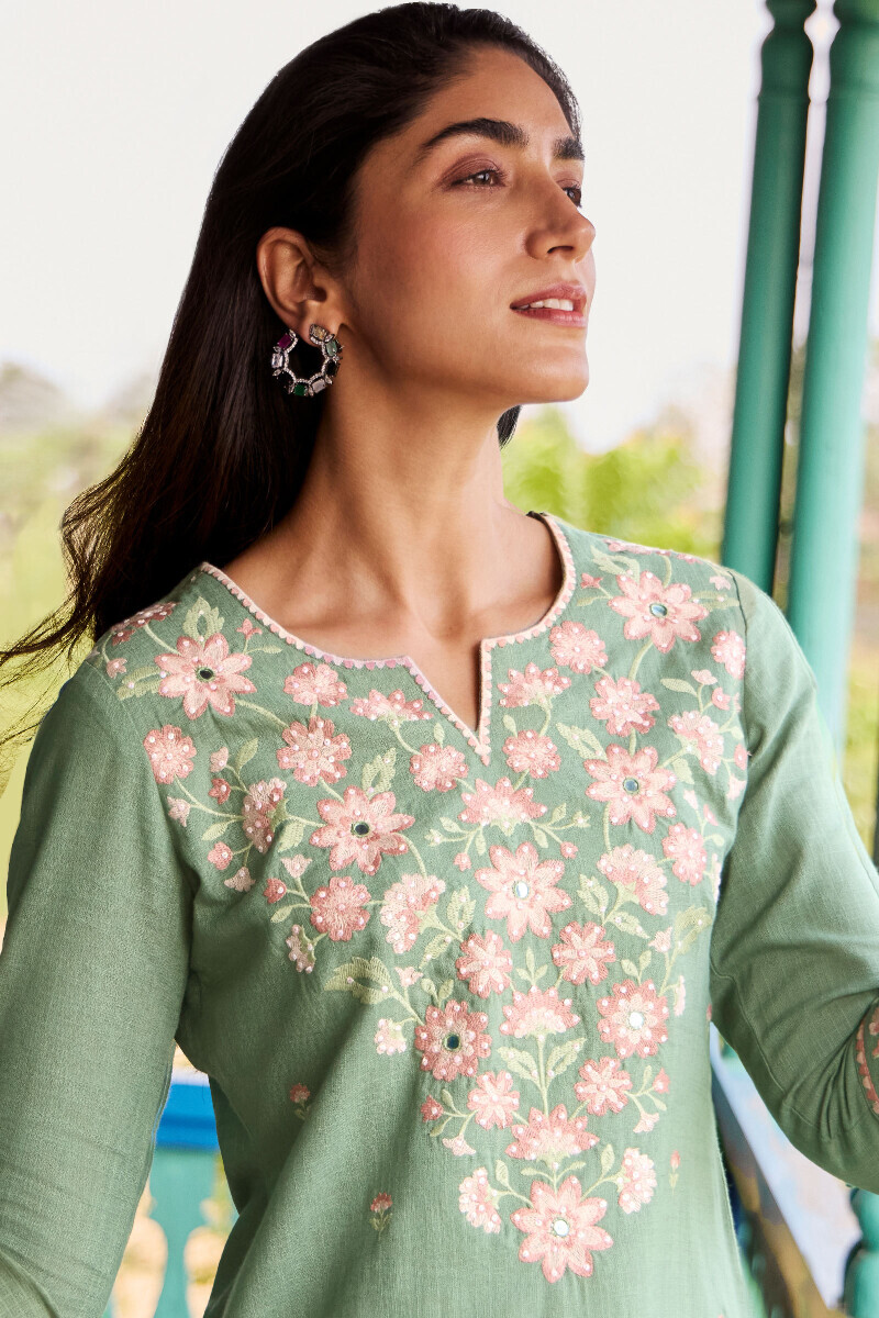 Green Handcrafted Straight Gauze Slub Kurta