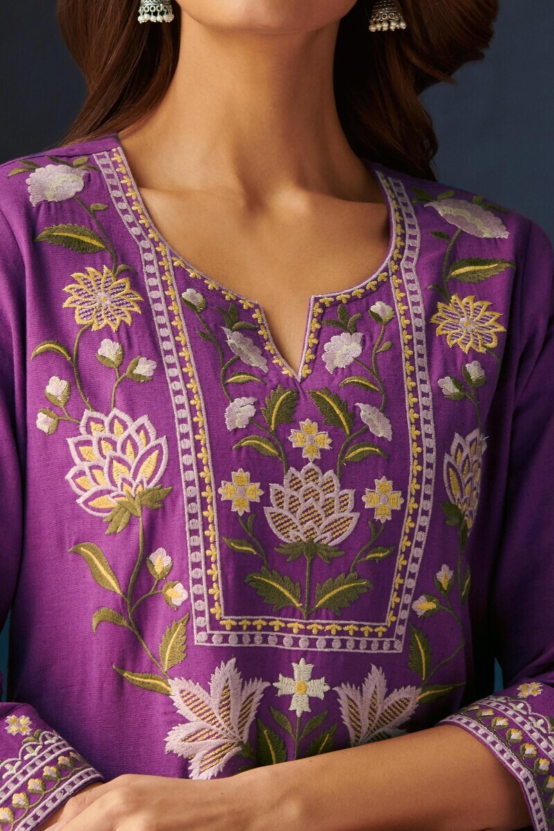 Purple Handcrafted Straight Cotton Flax Kurta