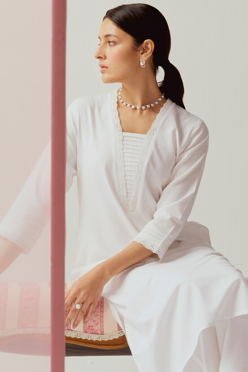 White Handcrafted Straight Cotton Flax Kurta
