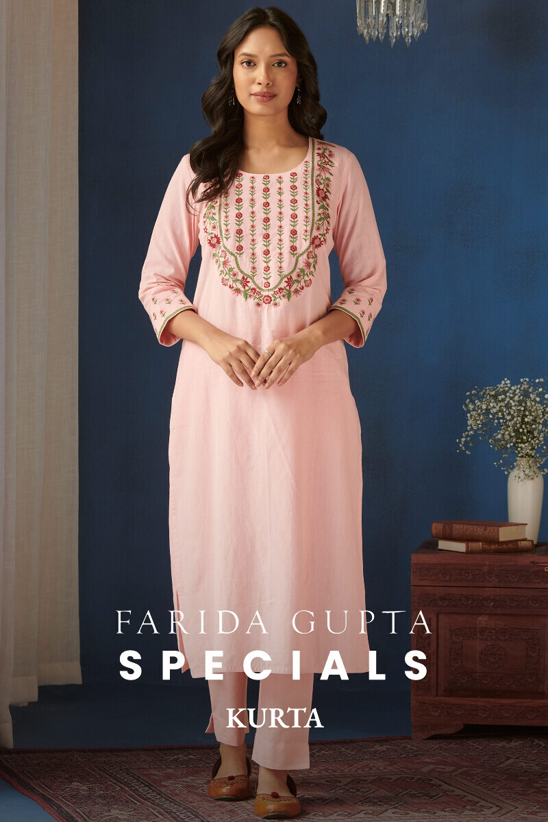 Pink Handcrafted Straight Cotton Kurta