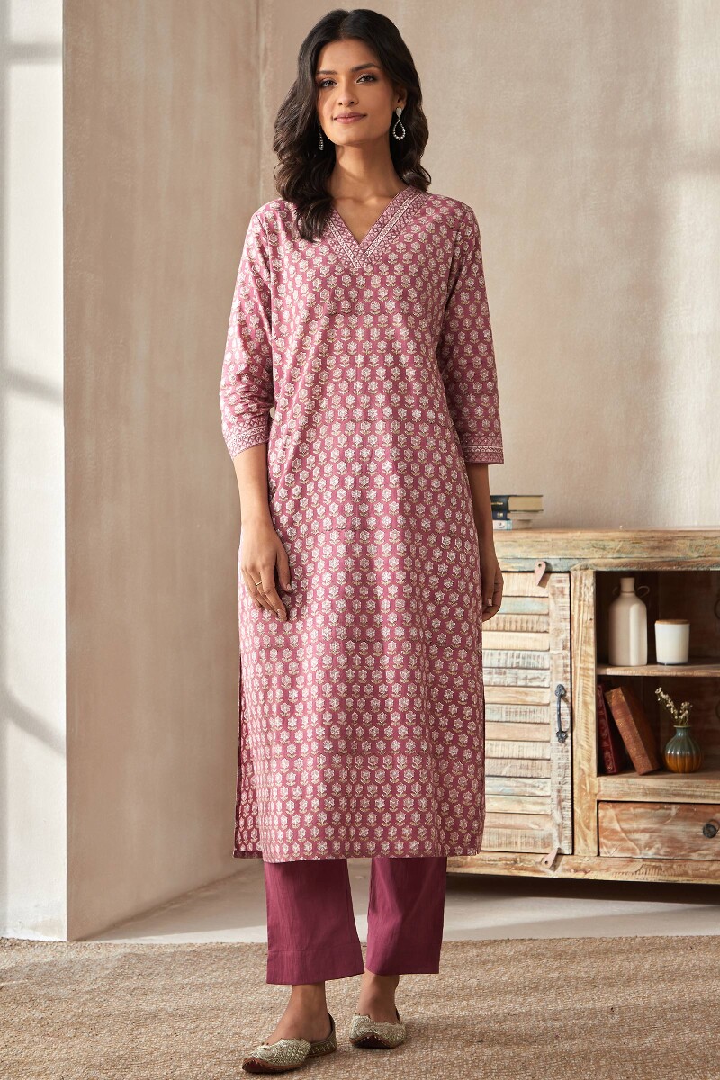 Purple Hand Block-Printed Straight Cotton Kurta