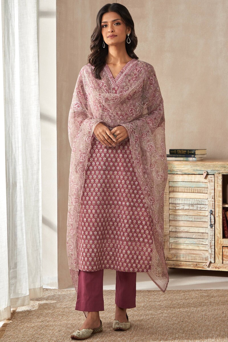 Purple Hand Block-Printed Straight Cotton Kurta