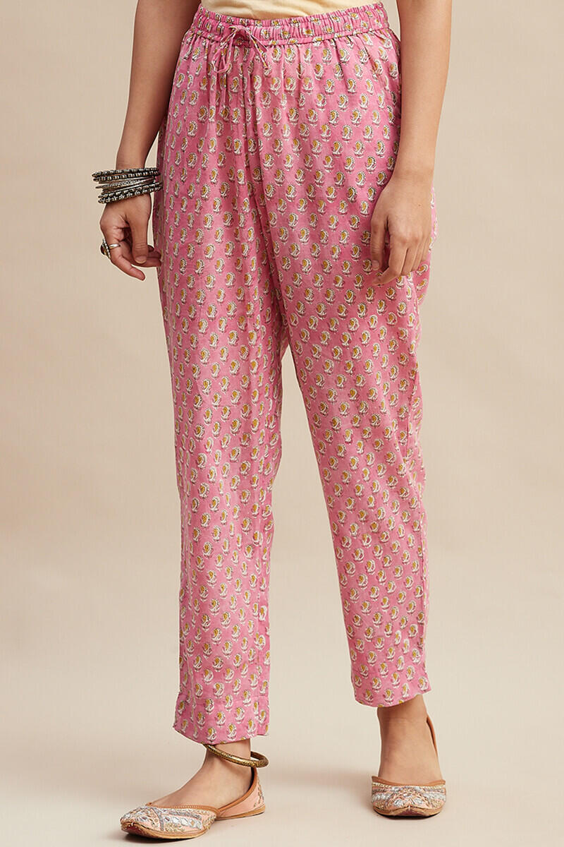 Pink Block Printed Cotton Narrow Pants