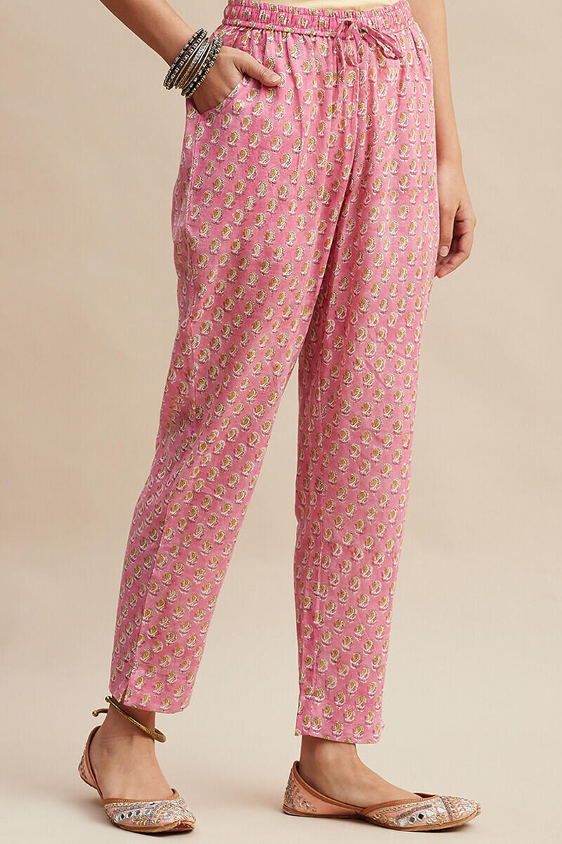 Pink Block Printed Cotton Narrow Pants