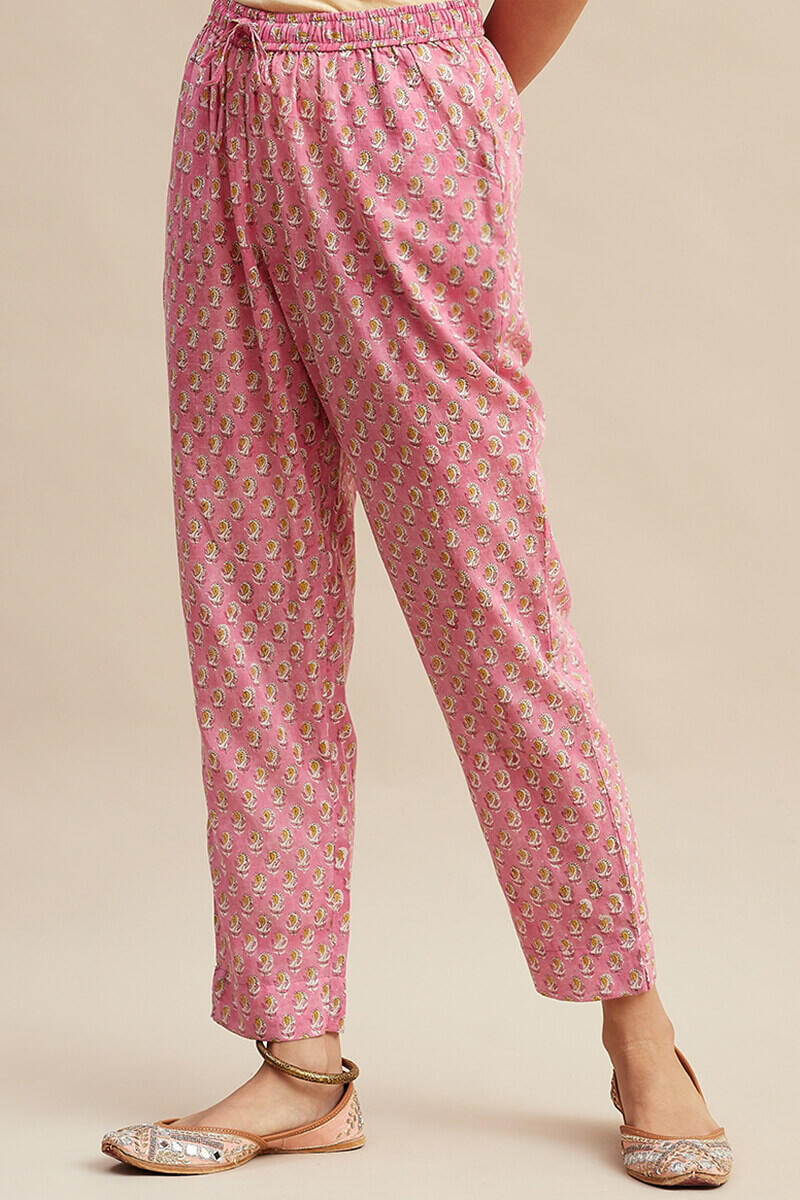 Pink Block Printed Cotton Narrow Pants